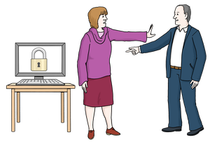 Das Foto zeigt einen Computer mit einem Schloss und eine Frau, die Stop zu einem Mann sagt