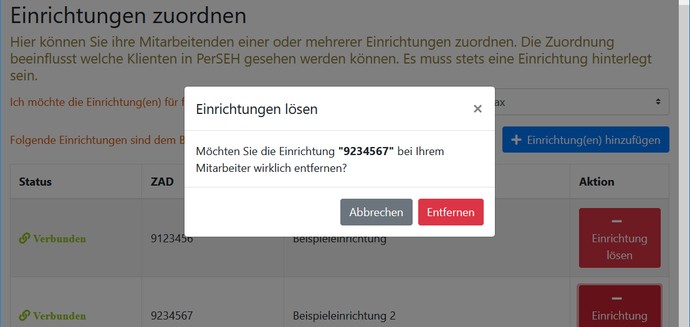 Bestätigen - Entfernen einer Einrichtung
