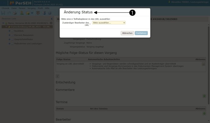 Screenshot PerSEH: Erstansicht Abfragefenster Änderung Status