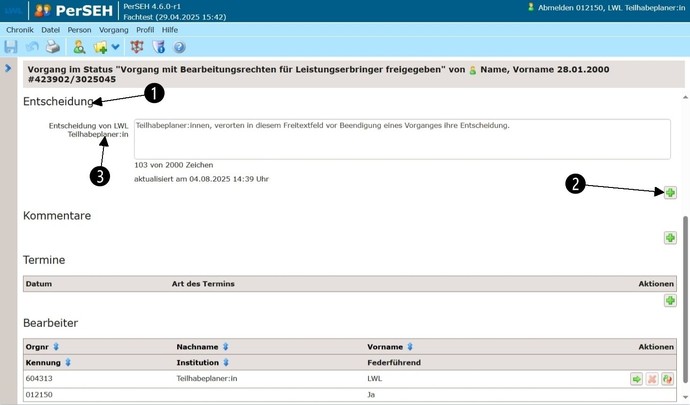 Screenshot PerSEH: Funktion des Bereichs Entscheidung