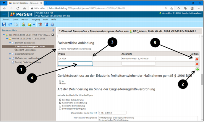 Screenshot der Seite "Personenbezogene Daten" im Bogen Element Basisdaten in PerSEH