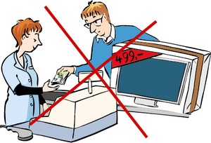 Ein Mann steht an der Kasse. Er hat ein großes Paket. Das ganze Bild ist durchgestrichen. Es bedeutet, dass man nicht alles kaufen kann.