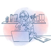 Illustration einer Frau, die in ihrem Büro mit Headset telefoniert, vor ihr auf dem Schreibtisch steht ein Laptop.