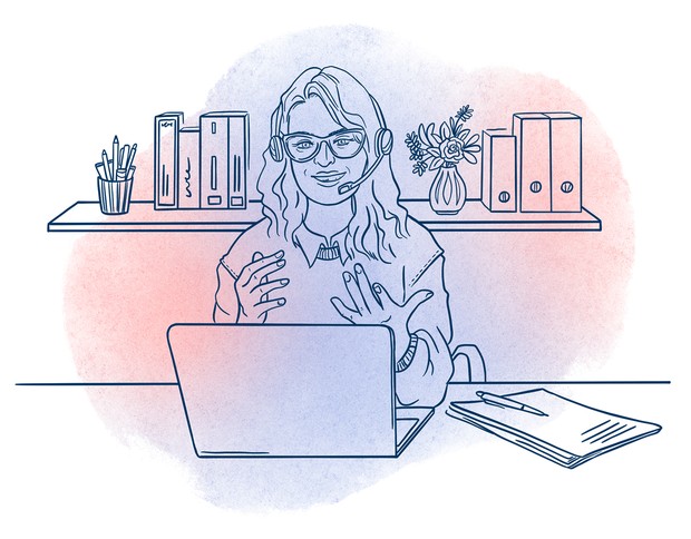 Illustration einer Frau, die in ihrem Büro mit Headset telefoniert, vor ihr auf dem Schreibtisch steht ein Laptop.