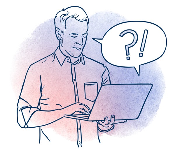 Illustration eines Mannes, der am Laptop liest, darüber eine Sprechblase mit einem Fragezeichen und einem Ausrufezeichen.