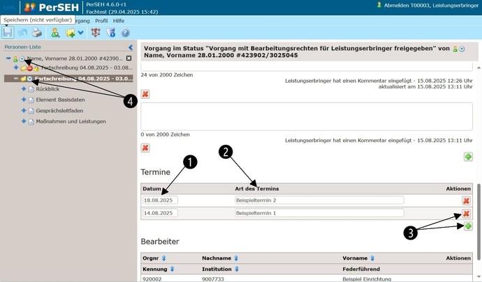 Screenshot PerSEH: Ansicht und Funktion des Bereichs Termine