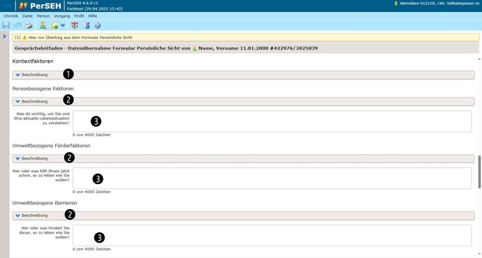 Screenshot Seite Datenübernahme Formular Persönliche Sicht