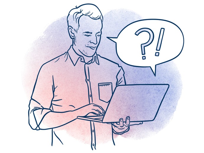 Illustration eines Mannes, der am Laptop liest, darüber eine Sprechblase mit einem Fragezeichen und einem Ausrufezeichen. (vergrößerte Bildansicht wird geöffnet)