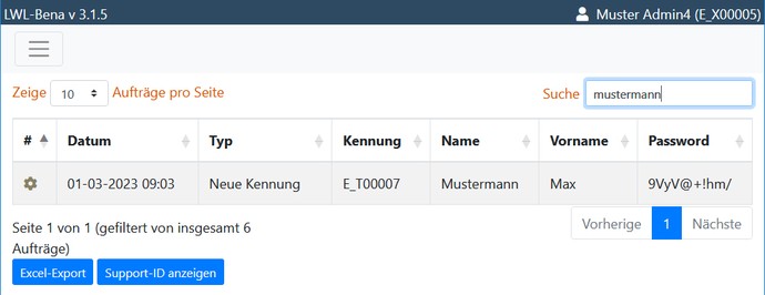 Neue Benutzerkennung unter Aktive Anfragen