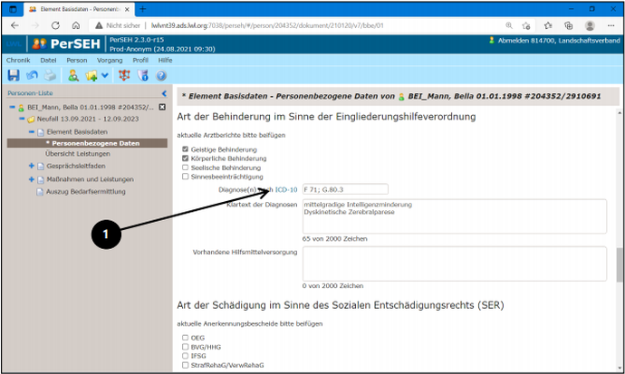 Screenshot der Seite "Personenbezogene Daten" im Bogen Element Basisdaten in PerSEH