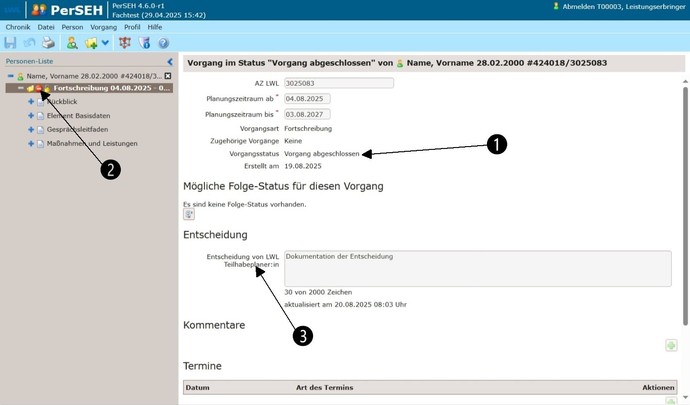 Screenshot PerSEH: Ansicht und Funktionen der Vorgangsebene nach Abschluss einer Fortschreibung