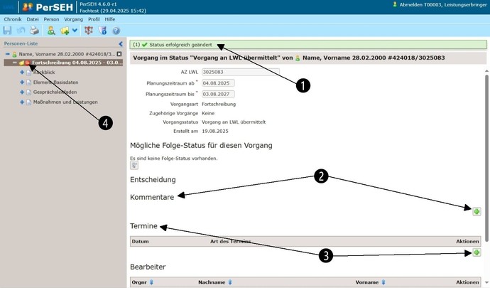 Screenshot PerSEH: Ansicht und Funktionen der Vorgangsebene nach Versand einer Fortschreibung