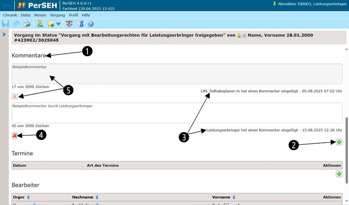Screenshot PerSEH: Ansicht und Funktion des Bereichs Kommentare