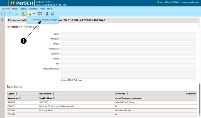 Screenshot PerSEH: Anlage eines Vorgangs