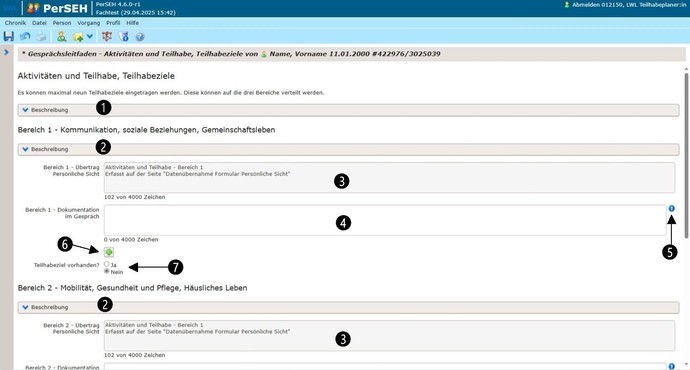 Screenshot Seite Aktivitäten und Teilhabe, Teilhabeziele