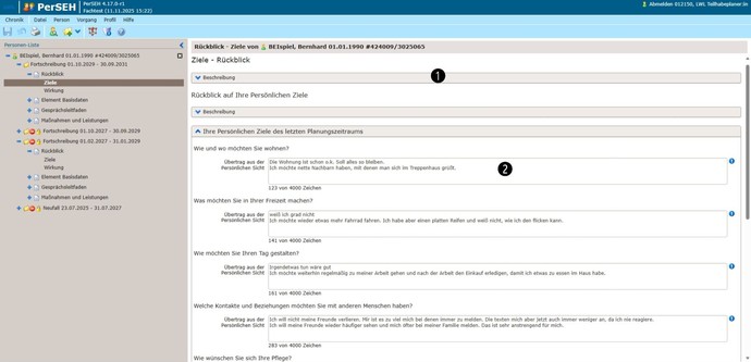 Screenshot PerSEH Persönliche Ziele des letzten Planungszeitraums