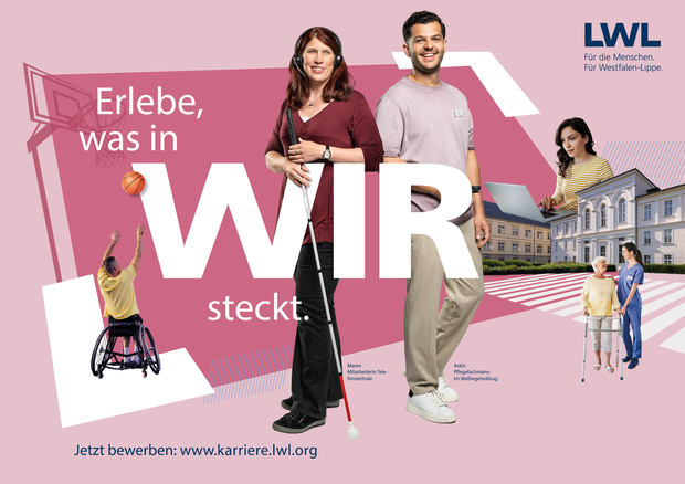 Seheingeschränkte Frau mit Headset und Langstock, Pflegefachmann, Rollstuhlfahrer beim Basketball, Verwaltungsgebäude und Frau, die am Laptop arbeitet