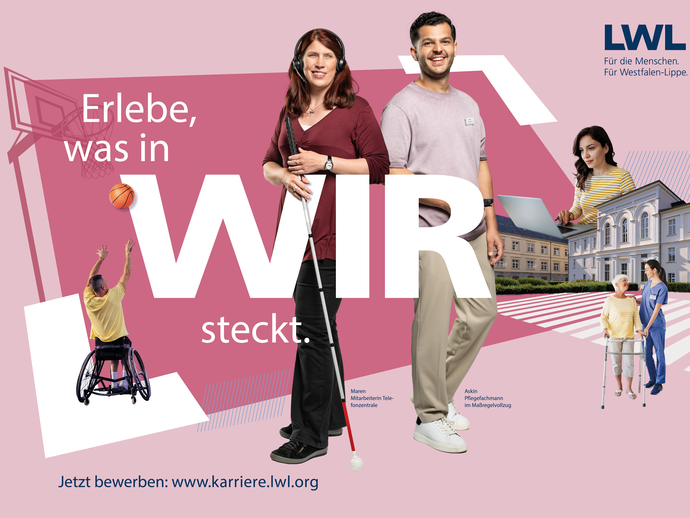 Seheingeschränkte Frau mit Headset und Langstock, Pflegefachmann, Rollstuhlfahrer beim Basketball, Verwaltungsgebäude und Frau, die am Laptop arbeitet (vergrößerte Bildansicht wird geöffnet)