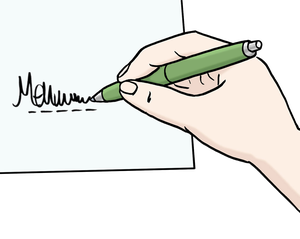 Eine Hand unterschreibt einen Brief/Zettel