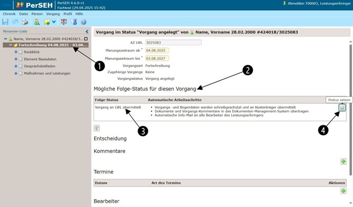 Screenshot PerSEH: Auslösung der Übermittlung einer Fortschreibung durch Statussetzung