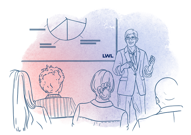 Illustration einer kurzhaarigen Frau, die einen Vortrag vor Publikum hält