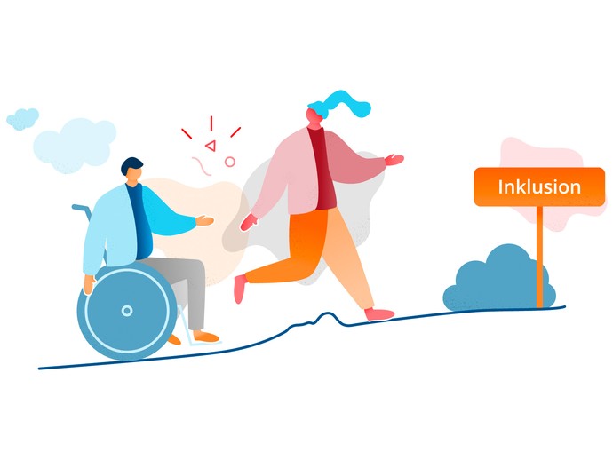 Illustration von zwei Menschen auf einem Weg, der zu einem Schild führt, auf dem "Inklusion" steht (vergrößerte Bildansicht wird geöffnet)