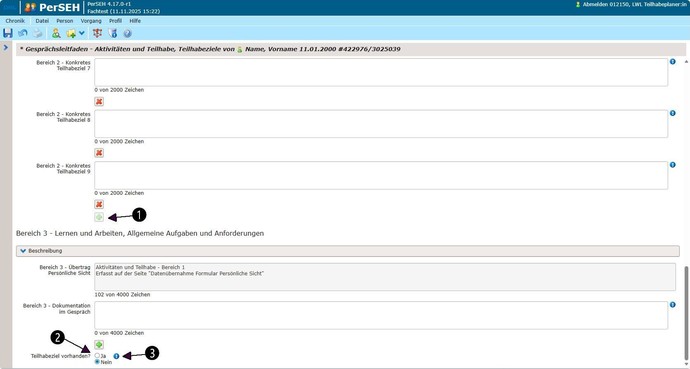 Screenshot Seite Aktivitäten und Teilhabe, Teilhabeziele