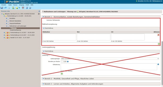 Screenshot PerSEH Leistungsplanung bei solitärer Anlage von Leistung in besonderer Wohnform