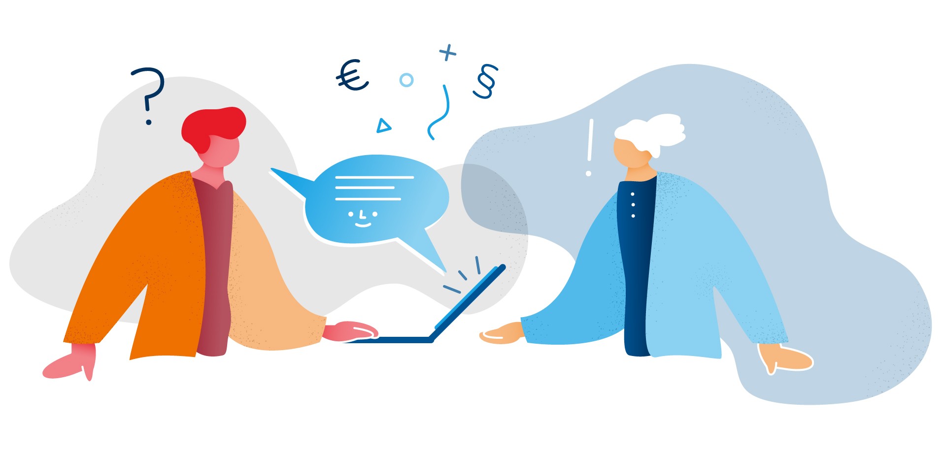 Illustration: Zwei Menschen sprechen miteinander. In der Mitte steht ein Laptop.