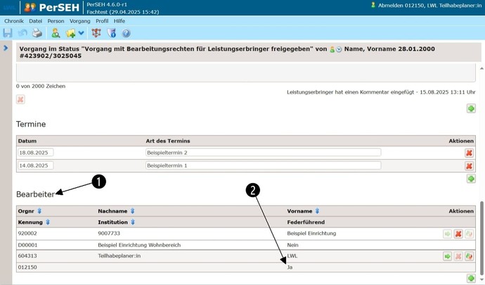Screenshot PerSEH: Ansicht und Funktion des Bereichs Bearbeiter auf der Vorgangsebene