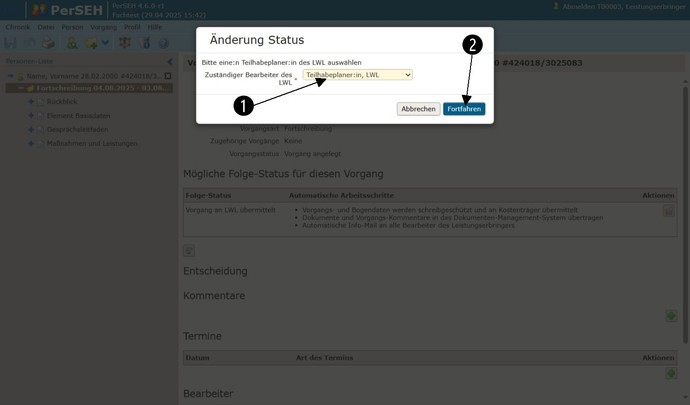 Screenshot PerSEH: Auswahl Empfänger:in im Abfragefenster Änderung Status