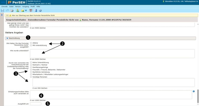 Screenshot Seite Datenübernahme Formular Persönliche Sicht