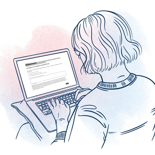 Eine Frau füllt einen Online-Antrag am Laptop aus