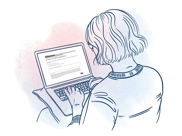 Illustration einer Frau, die einen Online-Antrag am Laptop ausfüllt