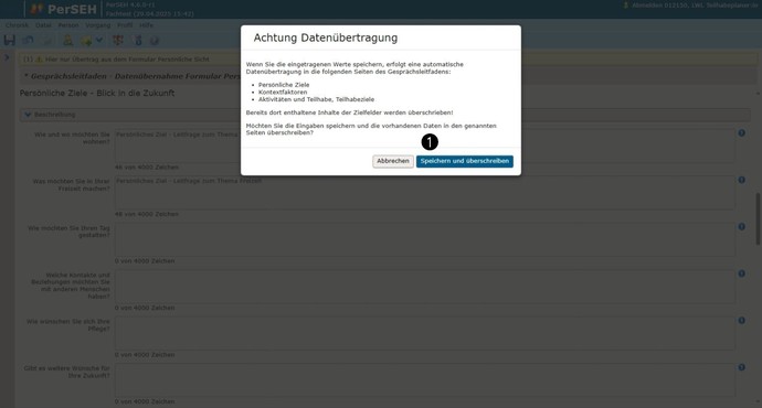 Screenshot Seite Datenübernahme Formular Persönliche Sicht