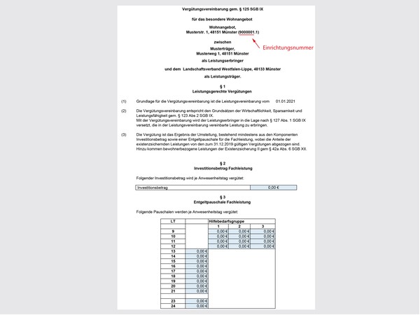 Deckblatt Mustervergütungsvereinbarung zwischen dem LWL und dem Leistungserbringer