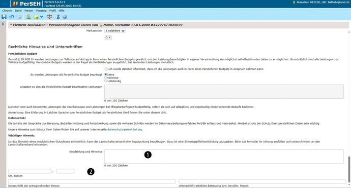 Screenshot Seite Personenbezogene Daten