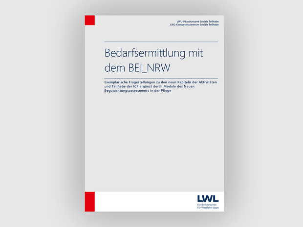 Titelseite mit Schrift: Handbuch Bedarfsermittlung mit dem BEI_NRW - Fragen zu Aktivitäten und Teilhabe