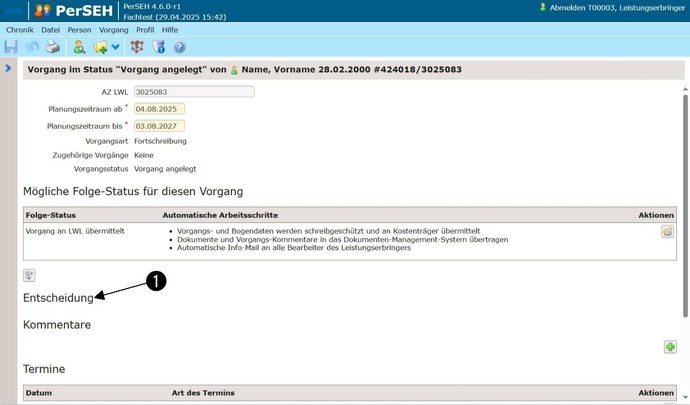 Screenshot PerSEH: Erste Ansicht des Bereichs Entscheidung