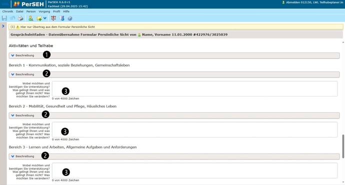 Screenshot Seite Datenübernahme Formular Persönliche Sicht