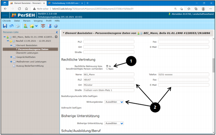 Screenshot der Seite "Personenbezogene Daten" im Bogen Element Basisdaten in PerSEH