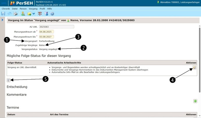 Screenshot PerSEH: Erste Ansicht der Vorgangsebene